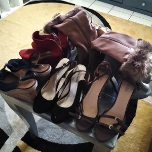 Wedges and six inch heels and 1 high heel boots